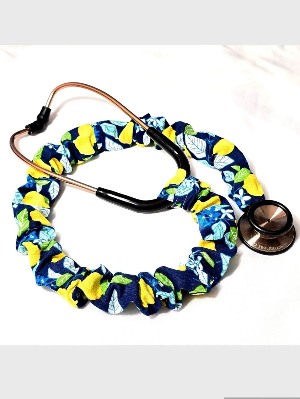 Handmade Blue Lemon Print  Stethoscope Sleeve: Washable Cotton Cover